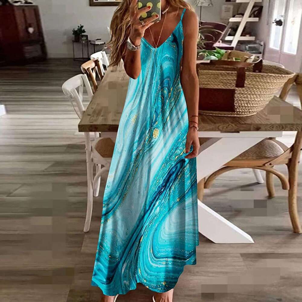2023 Women's Summer V-neck Sexy A Edition Positioning Printed Long Loose Large Strap Dress