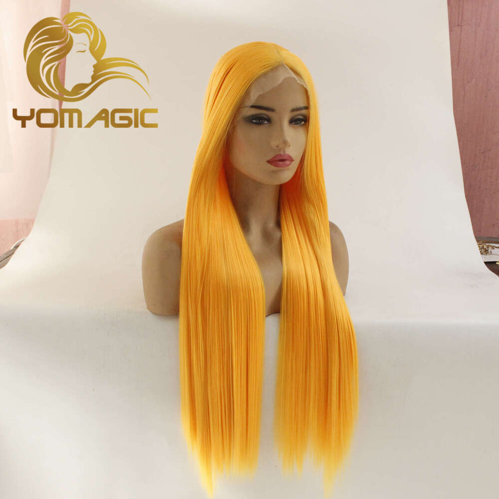Yomagic Yellow Synthetic 13X3 Front With Baby Hair Straight Heat Resistant Orange Lace Wigs For Women Pre Plucked