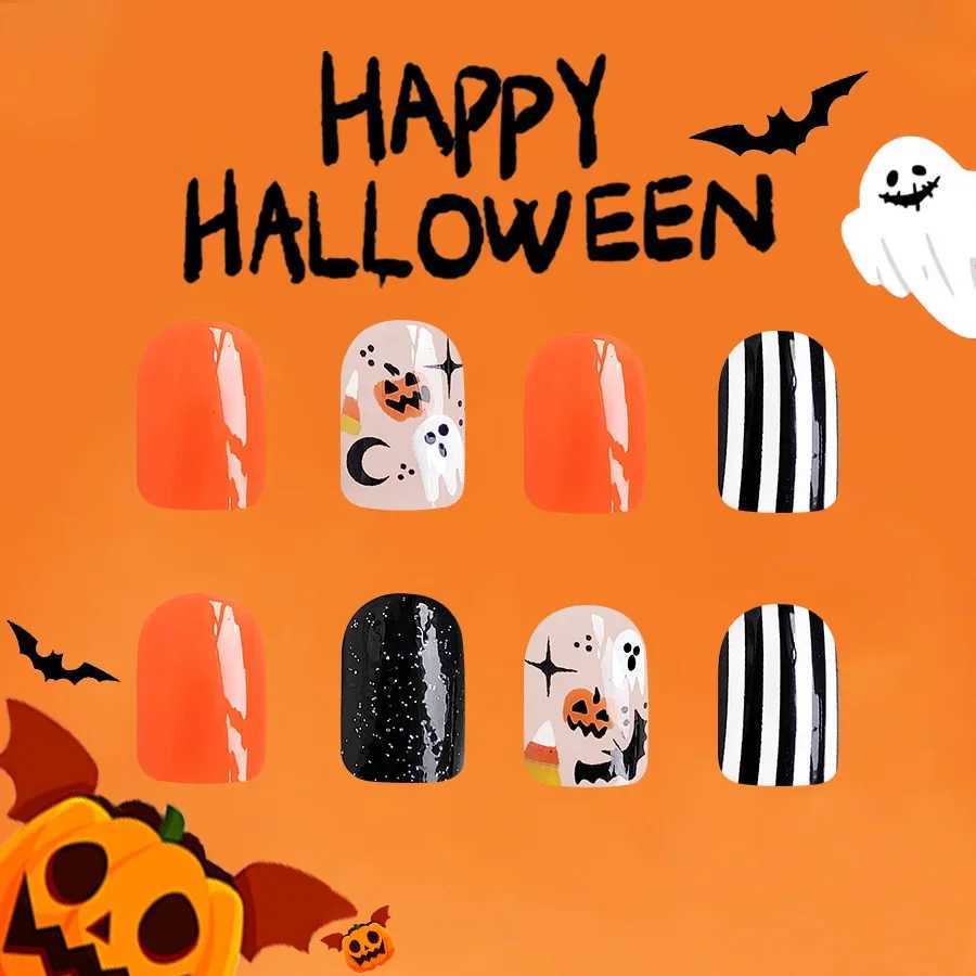24 Halloween themed short square glossy nail set ghost striped pumpkin bat French pumpkin color block style fake nails W240905