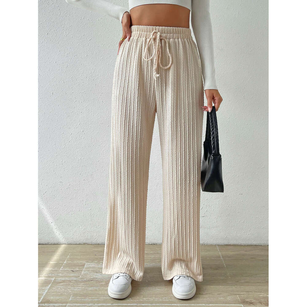 2024 New Texture Knitted Wide Leg Pants Elastic High Waist Solid Color Casual Loose Straight Women's Wear