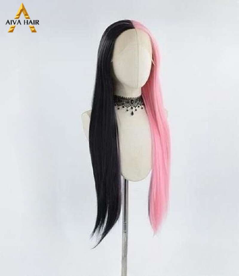 Aiva Hair Pink Half Black Synthetic 13X4 Lace Front Wig Cosplay Heat Resistant Glueless Wigs For Women Pre Plucked 180%