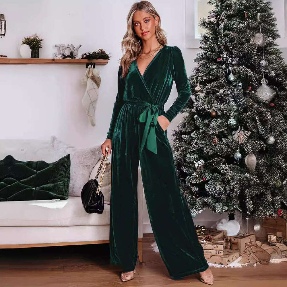 2024 new solid color long sleeved jumpsuit V-neck fashionable and elegant straight leg pants
