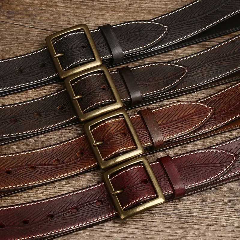 High quality genuine leather belt brass buckle fashionable retro jeans denim belt designer carved belt mens 3.8cm W240905