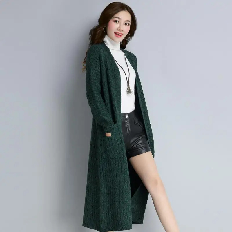 Autumn and winter loose medium length knitted jacket fashionable solid color long sleeved sweater cardigan 240905