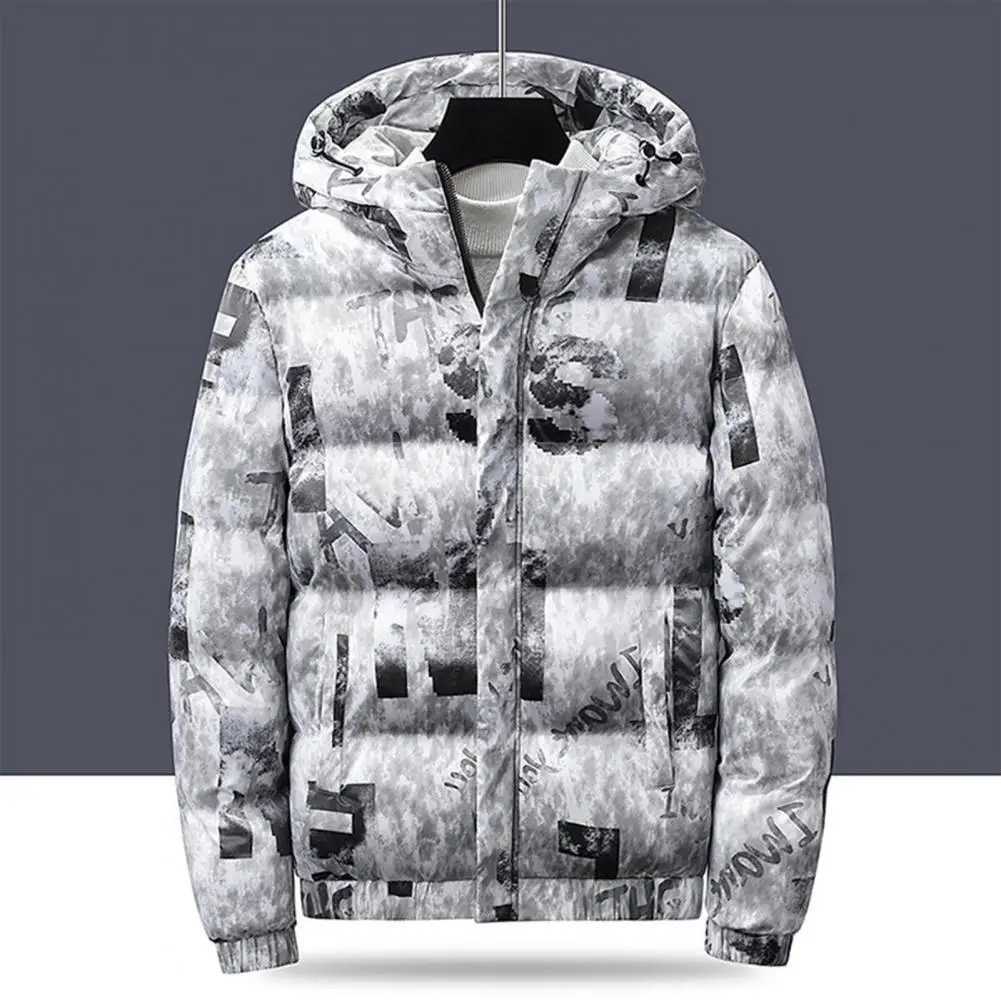 Men Jacket Shiny Cotton-padded Mens Graffiti Mens Bread Clothes Fashion Hooded Windproof Winter Cotton Padded Windbreaker M240906