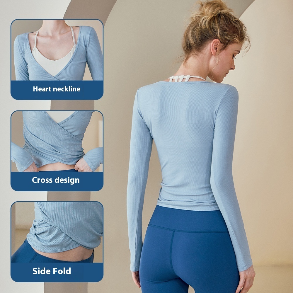 Yoga outfit women's new sports slimming cross pleated cover shirt for external training and fiess long sleeved knitted sweater top