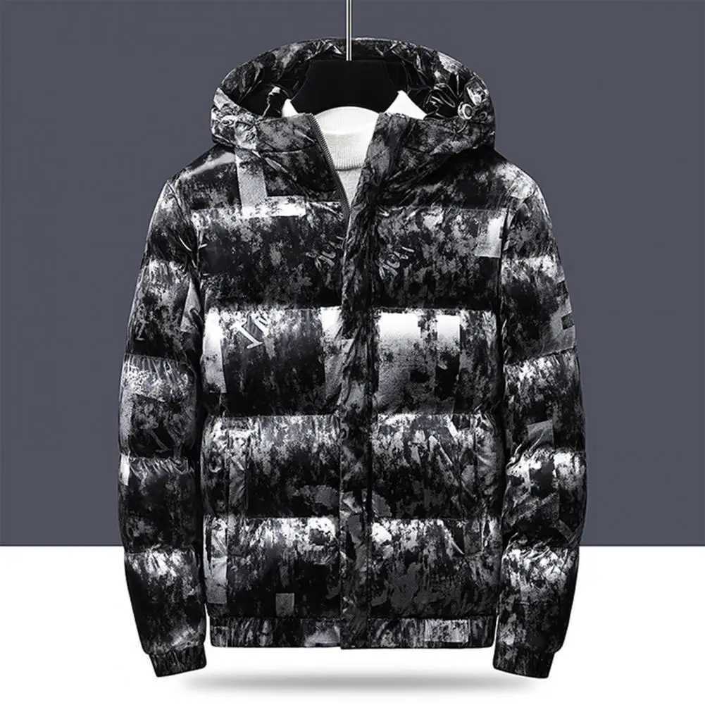Men Jacket Shiny Cotton-padded Mens Graffiti Mens Bread Clothes Fashion Hooded Windproof Winter Cotton Padded Windbreaker M240906