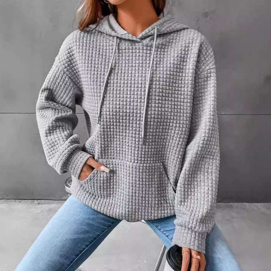 dongdumaoyi 2024 autumn and winter women's clothing new item small grid pocket long sleeved solid color top hoodie for women F0906#38