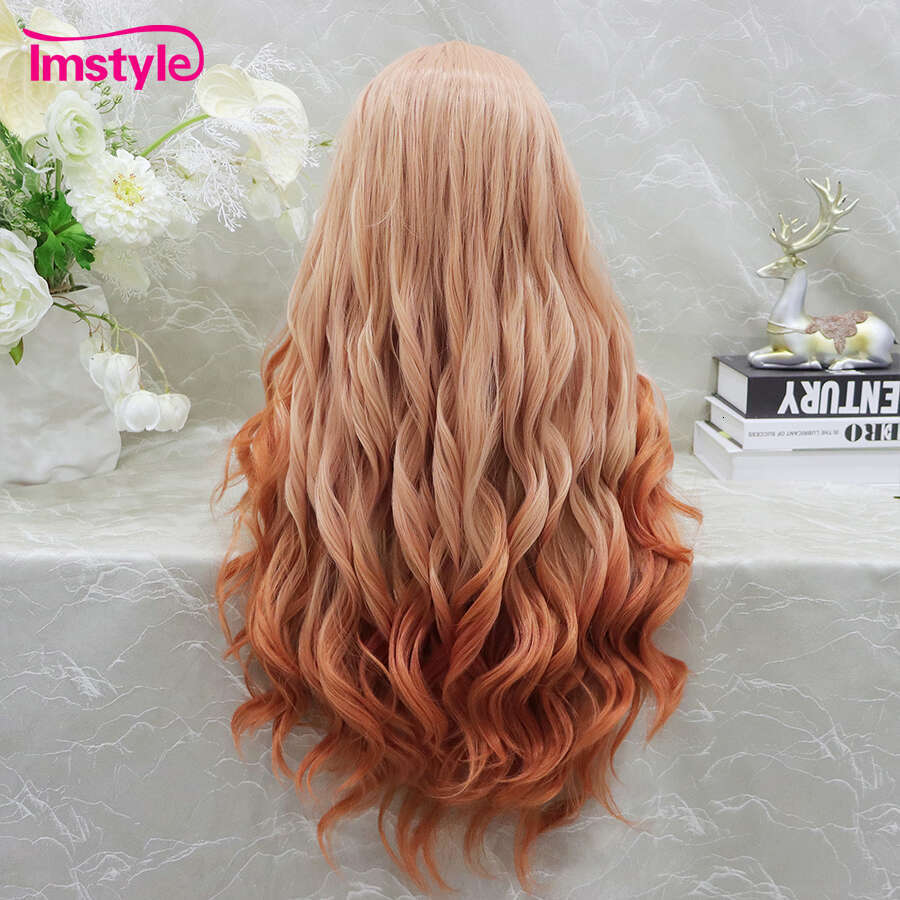Imstyle Synthetic Front Ombre Orange For Women Wavy Long Lace Wig Heat Resistant Fiber Cosplay Wigs