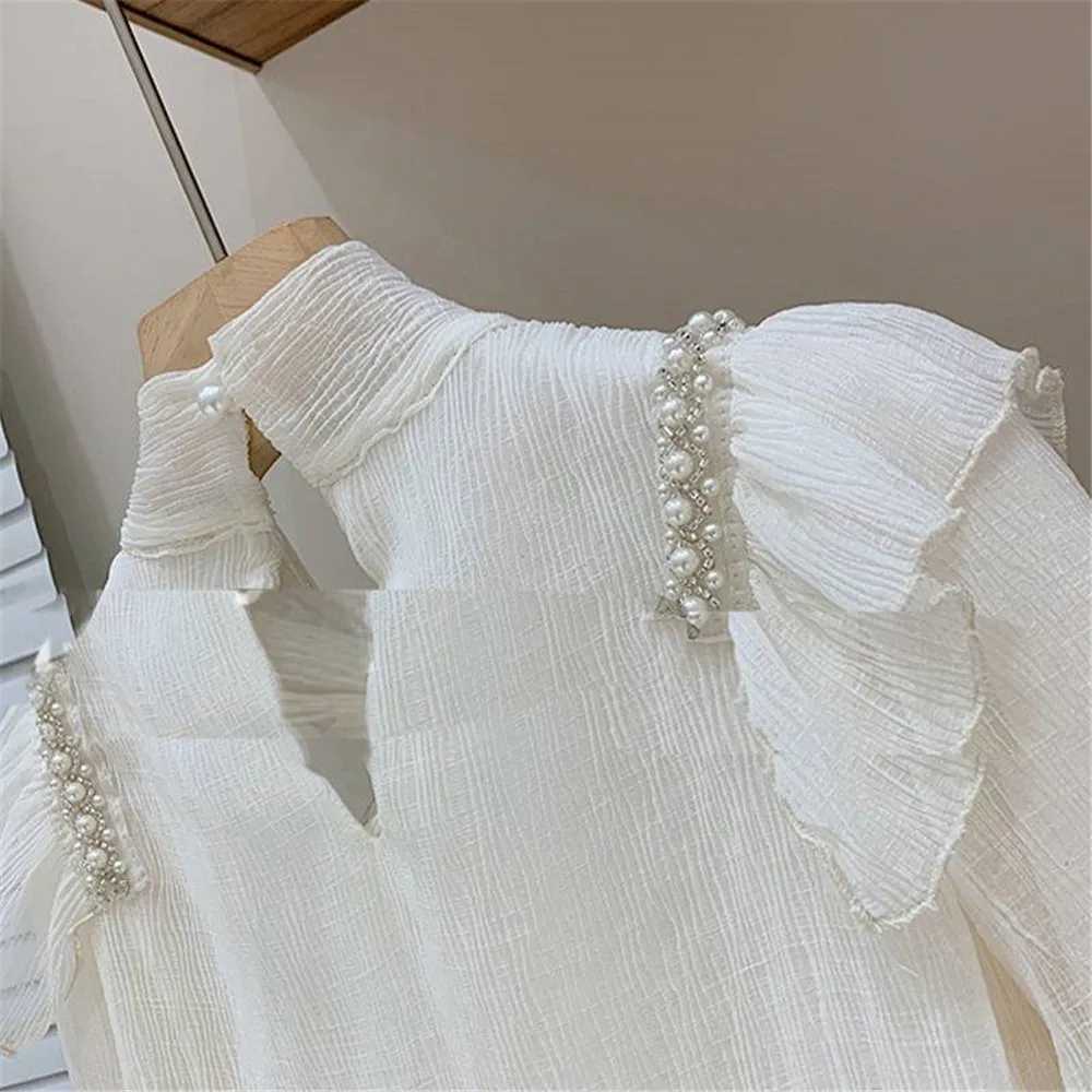 Girls Blouses Spring Chiffon Long Sleeve Preppy Cute Kids Beige Shirts Cotton Girls Clothes School Uniform Vestidos 6 8 10 Years Y240906