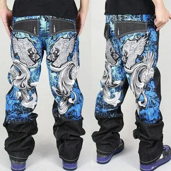 Mens oversized printed jeans Y2K Harajuku retro loose goth high waist casual wide leg pants street rock fashion 240902