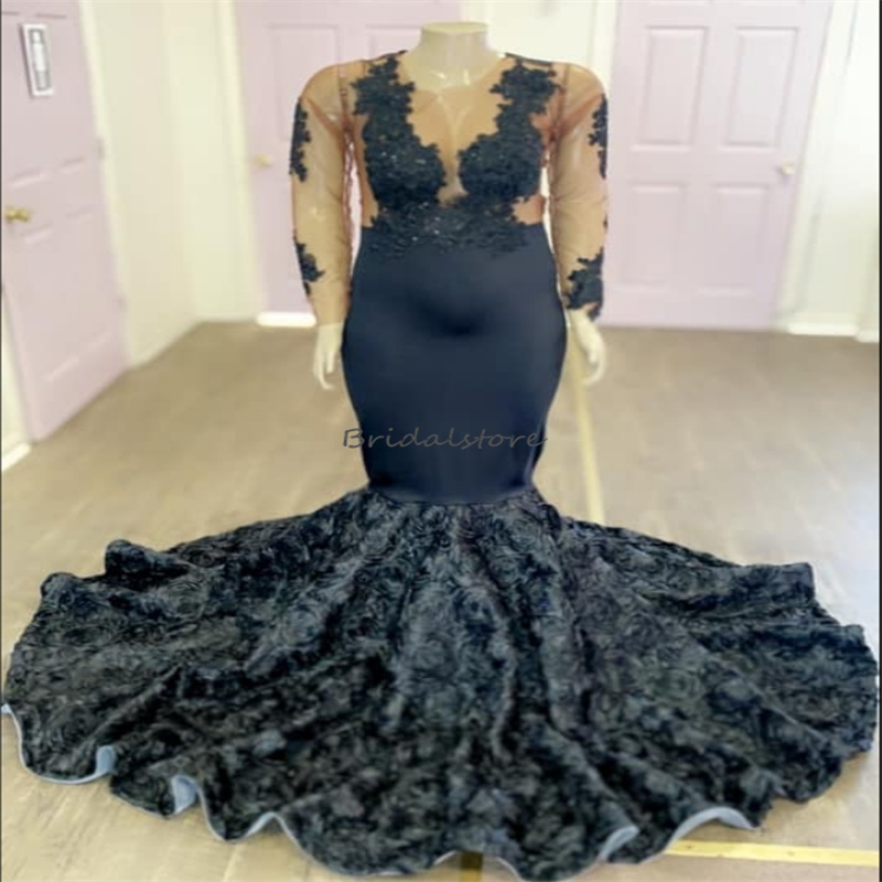 Big Size Black Prom Dresses For Black Girls O Neck Long Sleeve 3d Florals African Evening Dress Nigerian Formal Birthday Party Dress Fishtail Mermaid 