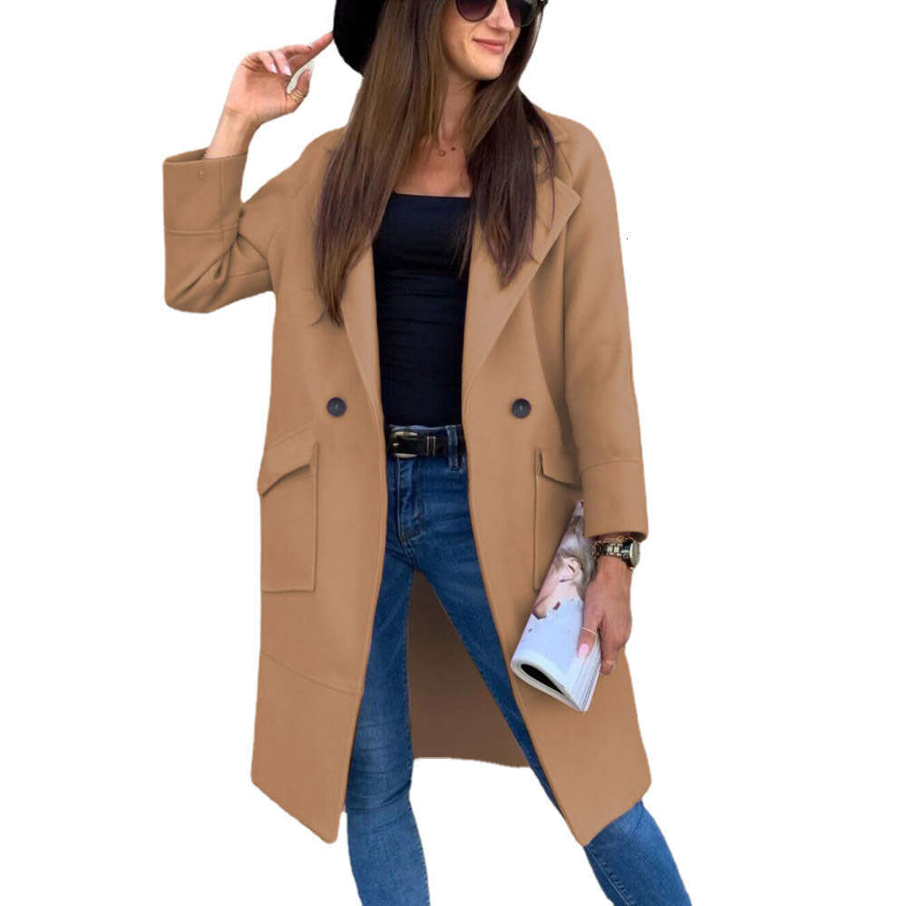 2024 new autumn and winter solid color long sleeved suit collar button pocket woolen coat