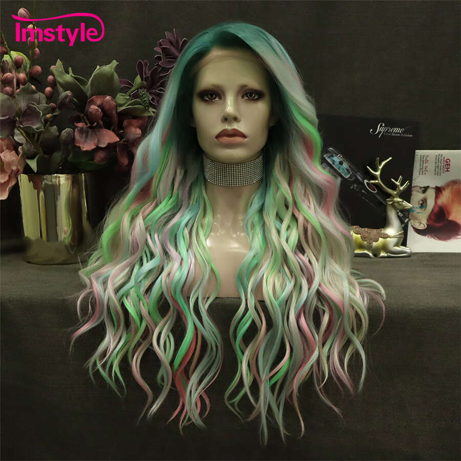 Imstyle Colorful Synthetic Lace Front Multicolor Long Wigs Natural Wavy Heat Resistant Green Pink Cosplay Wig For Women