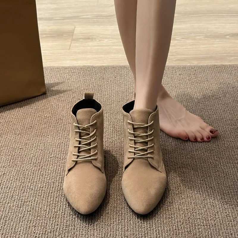 New Spring/Autumn 2024 Womens Boots Pionted Toe Low Heel Shoes Suitable for Women Outdoor Office Women Lace Upper Ankle Women Modern Boots CL240906