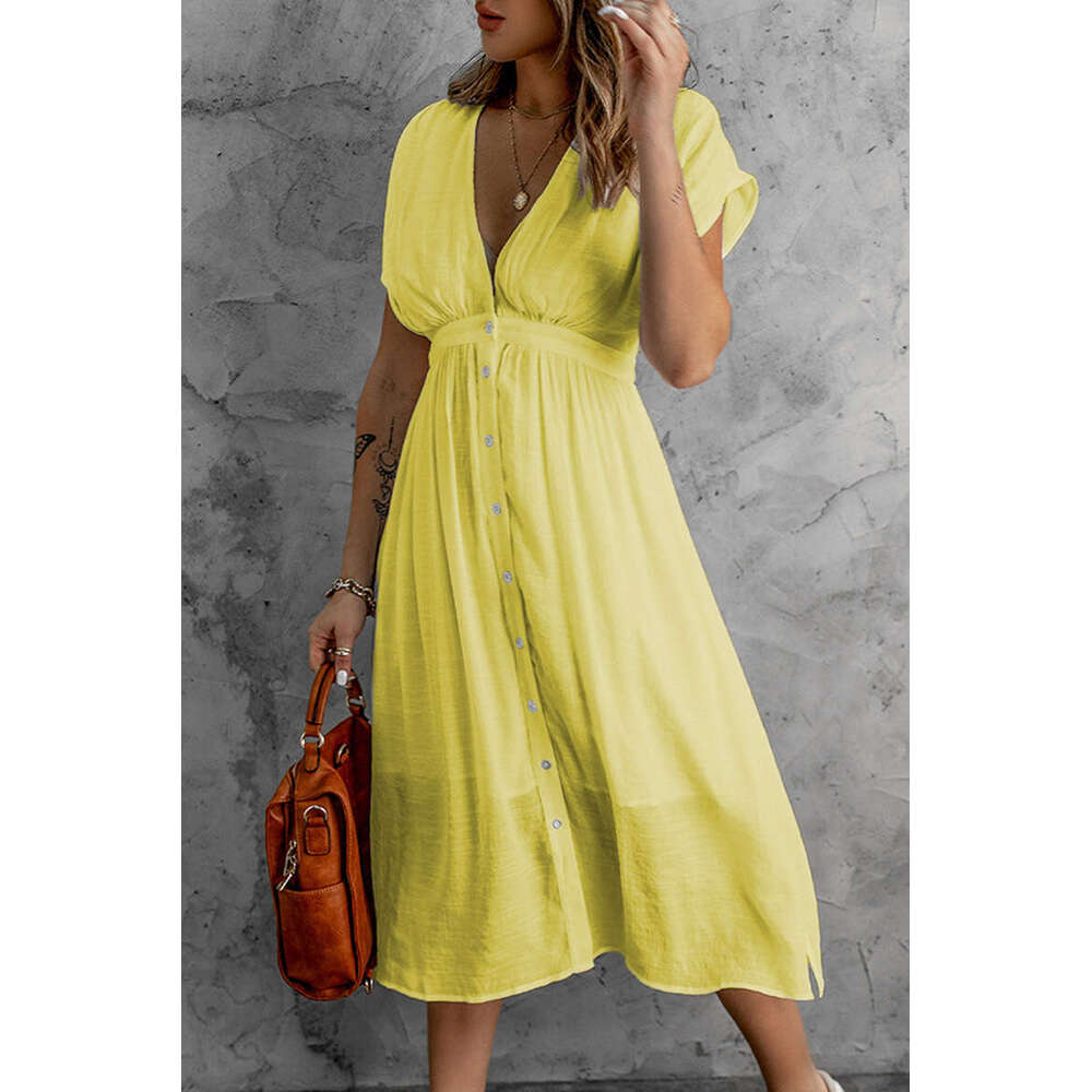 2023 Summer New Double Layer Tulle Solid Color Women's Deep V Short Sleeve Waist Long Dress