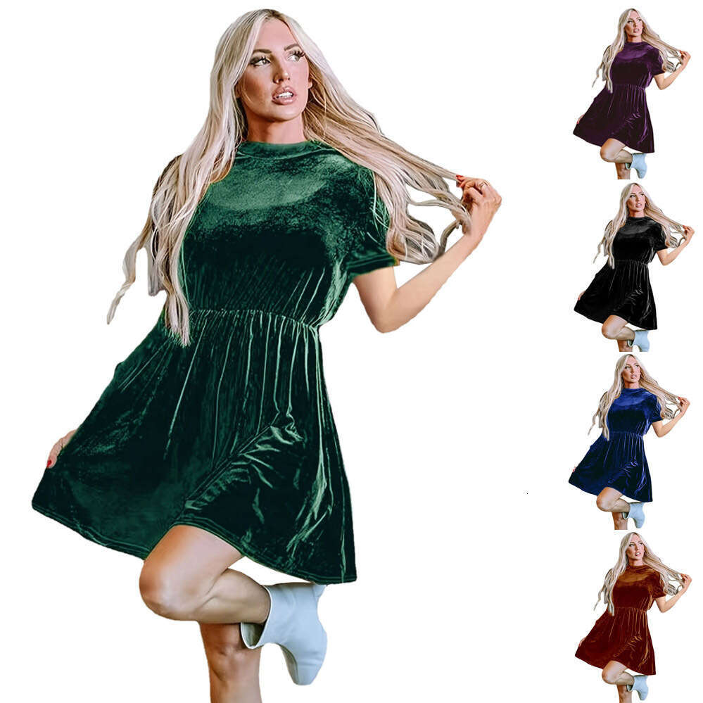 2024 new solid color velvet dress with feminine temperament commuting, and slimming short skirt for women