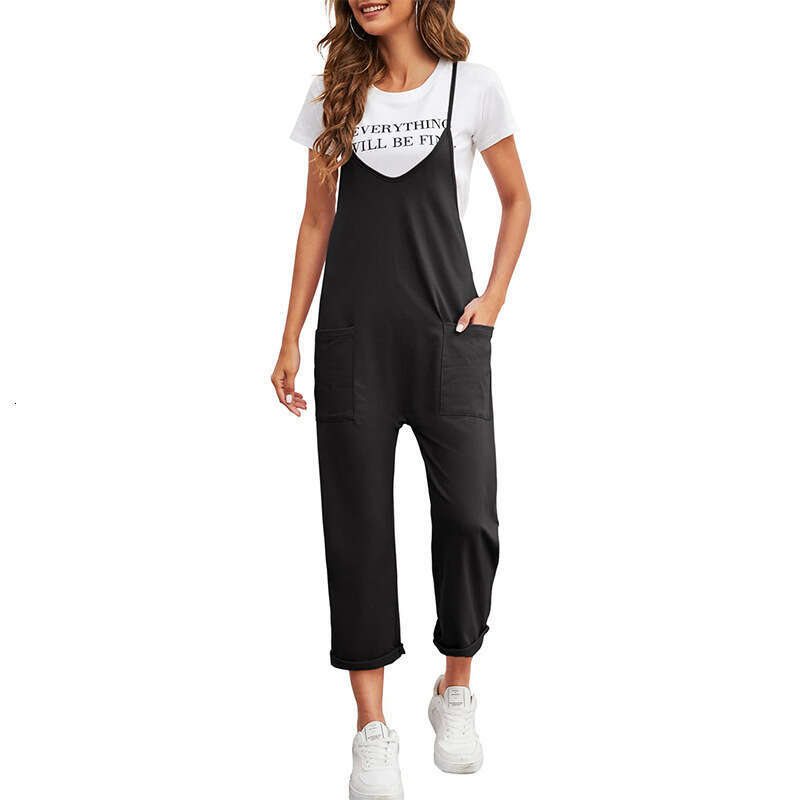 2024 Spring New Women's Casual Pocket Pants Solid Loose Strap Straight Jumpsuit