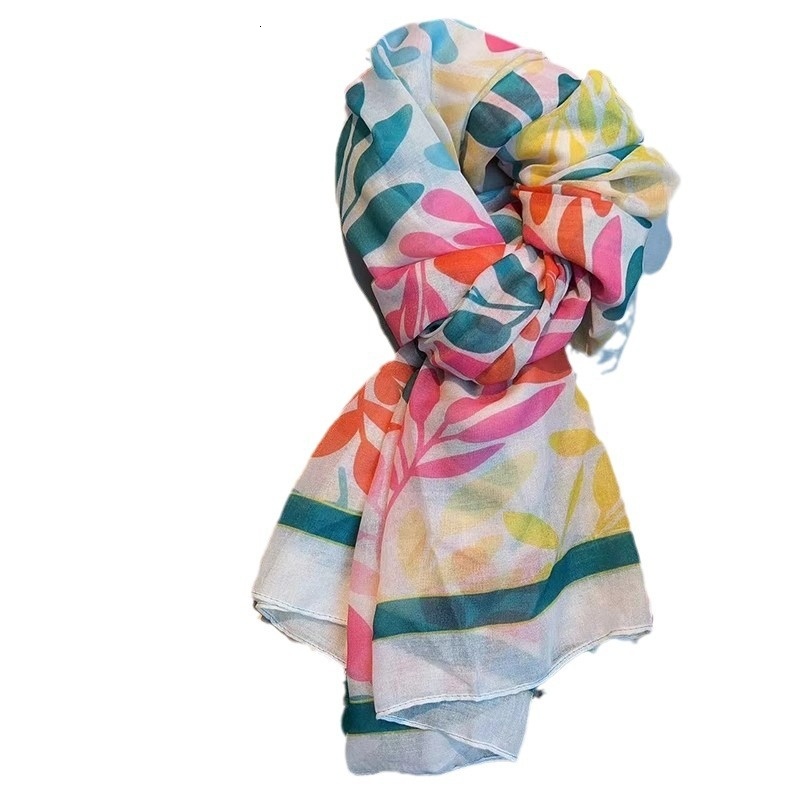 Dopamine Leaf Cotton and Hemp Scarf Women's Countryside Style Summer Thin Travel Sunscreen Whitening Neck Warmth Tassel Shawl