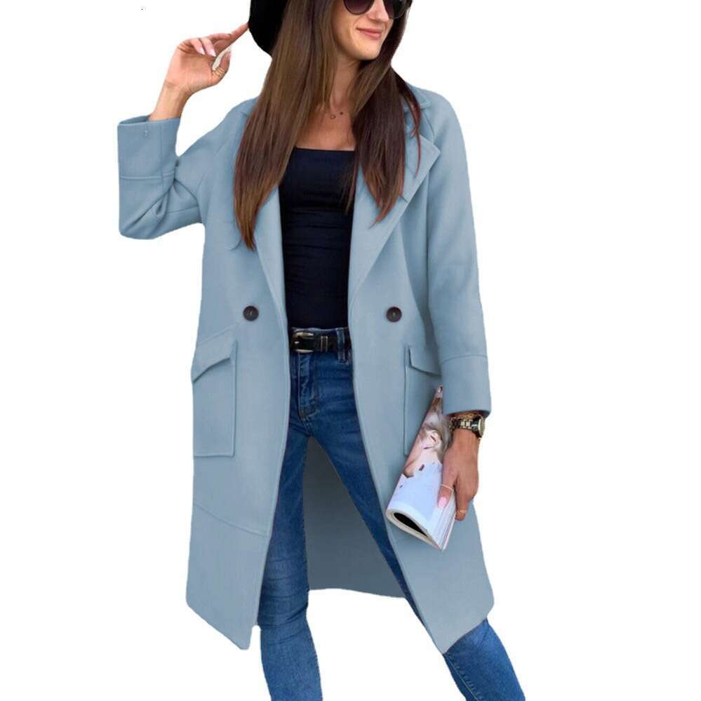 2024 new autumn and winter solid color long sleeved suit collar button pocket woolen coat