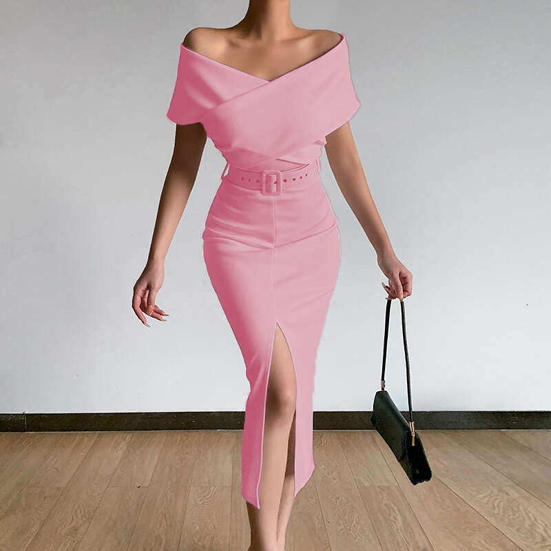 2023 Spring Summer Elegant Temperament Commuting Simple and Light Mature New Style Off Shoulder Belt Split Skirt