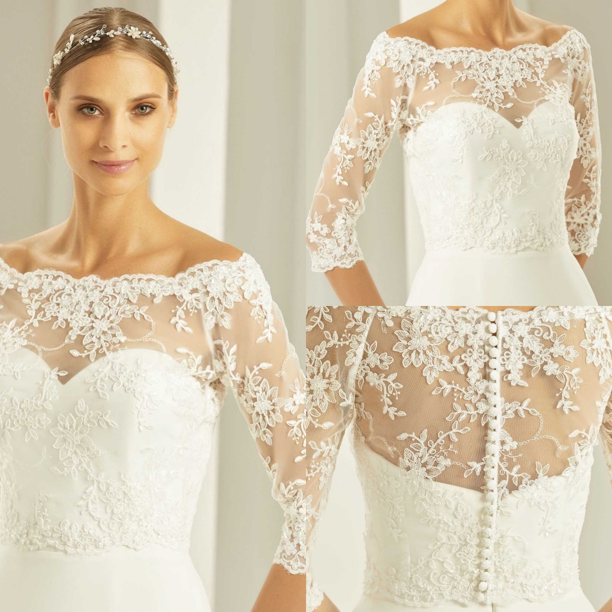 Illusion Three Quarter Sleeve Wrap Jacket Sheer Lace Button Bride Jackets O Neck Bridal Cloak High Quality Wedding Accessories