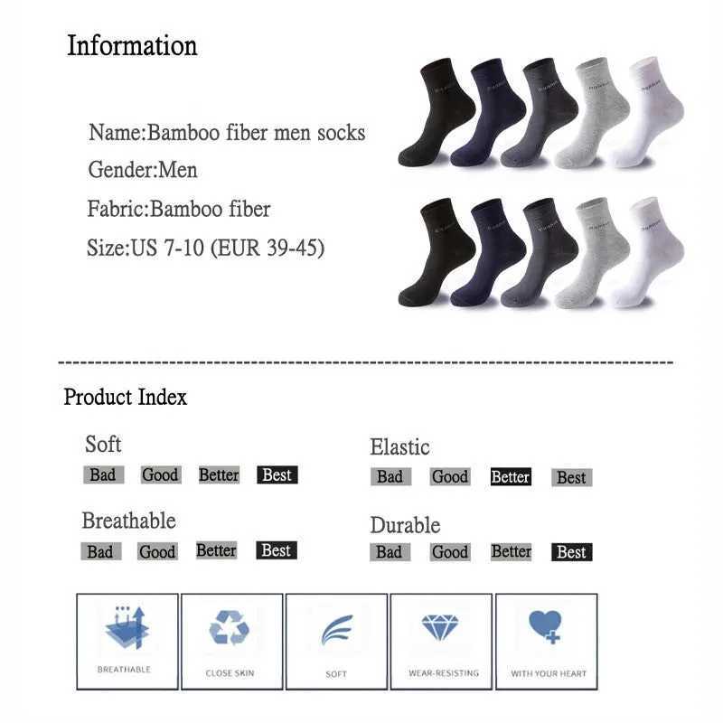 5Pairs/Mens Bamboo Fiber Socks Business Black Mid-tube Socks Deodorant Absorbent Breathable Spring Summer Bamboo Socks for Men Y240906