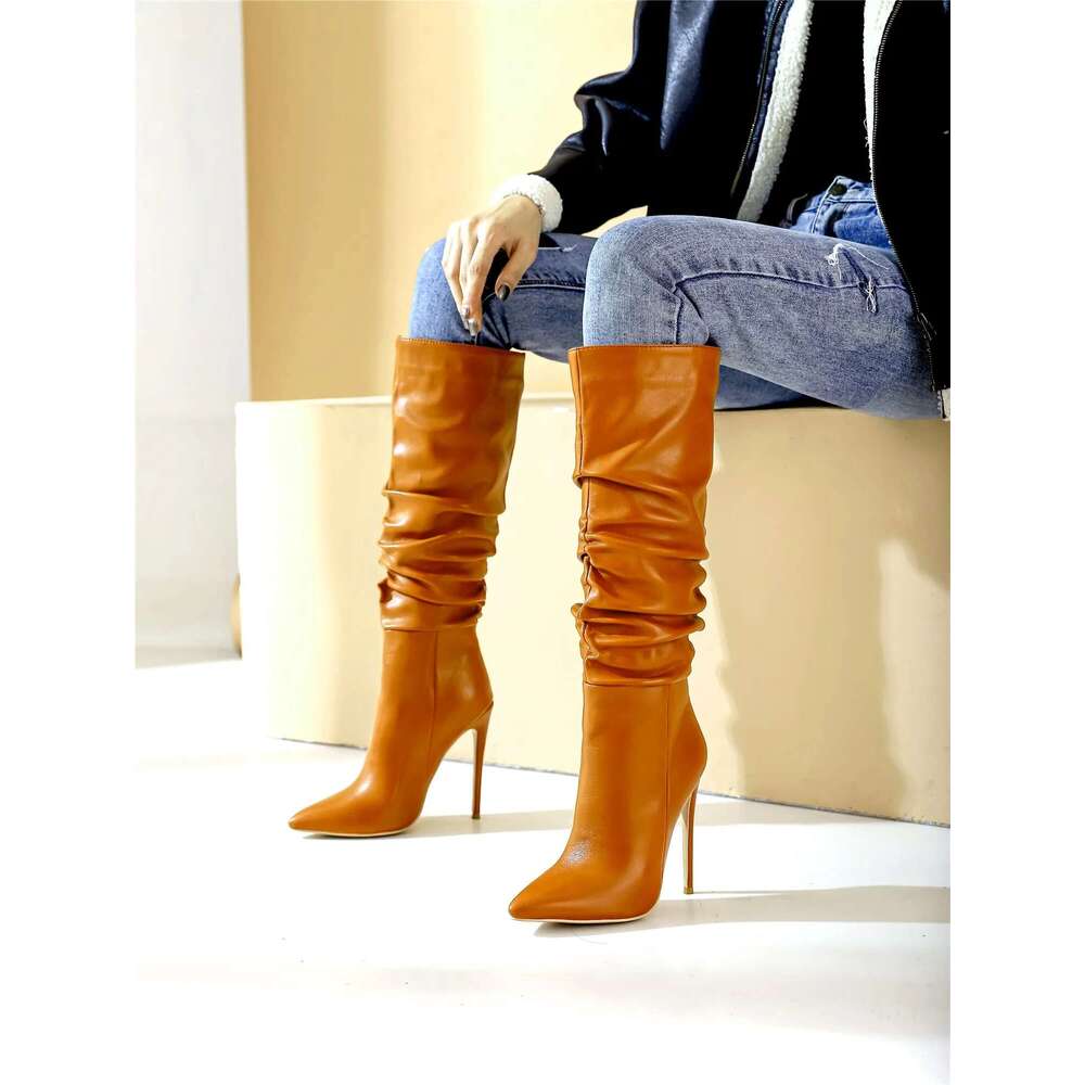 Women Boots High Heel For Womens Platform Classic Fashion Long Pointed Toe Wrinkles Winter