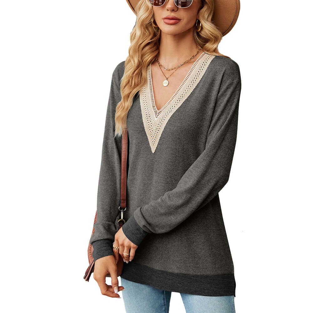2024 Autumn/Winter Lace V-Neck Contrast Split Loose Sleeve T-shirt Top for Women