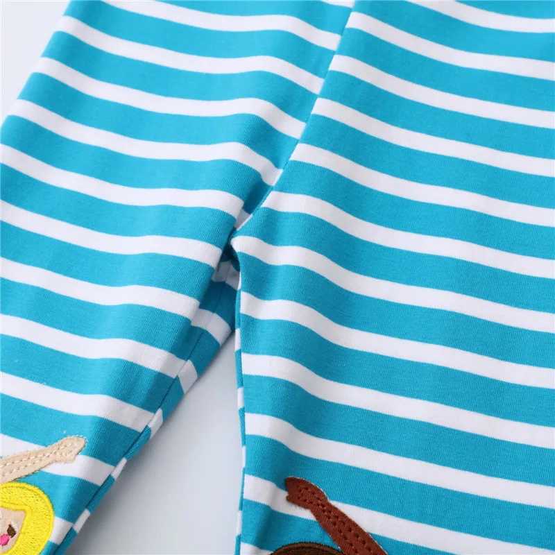 Jumping Meters Girls Blue Leggings Pants Mermaid Embroidery Autumn Spring Full Length Kids Trousers Stripe Toddler Pencil Pants Y240906
