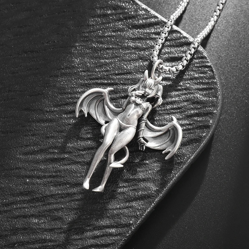 Exquisite Retro Sexy Devil Bat Girl Pendant Necklace for Men and Women Gothic Hip Hop Trend Role Playing Punk Jewelry 240905