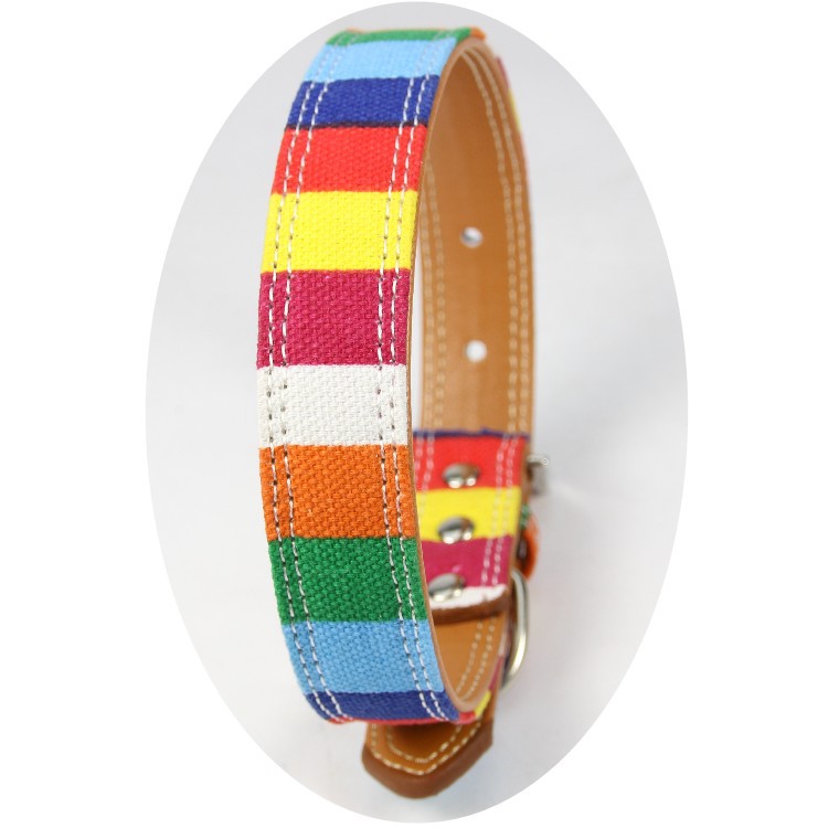 halloween Carefully selected rainbow stripe pet dog collar canvas PU alloy buckle head matching traction rope pet collar