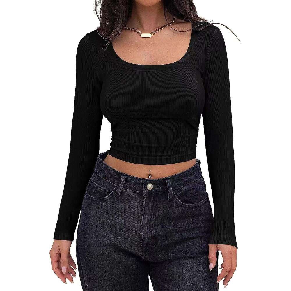 2024 New Thread Pit Strip Slim Fit Short Long sleeved Square Neck T-shirt for Women