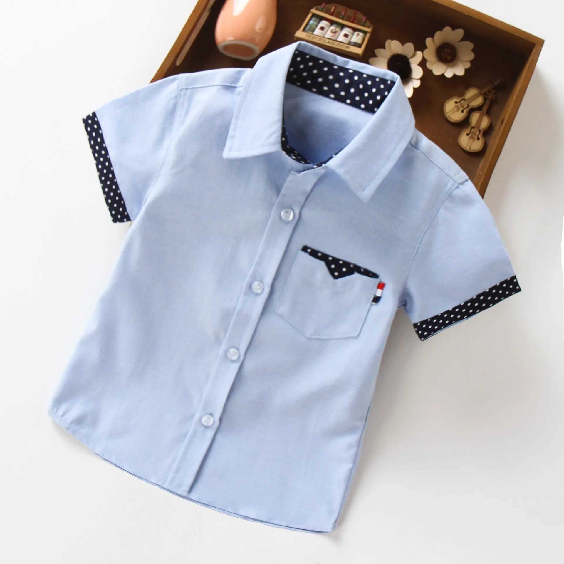 Boys Hot Sale Shirts Children Fashion Solid Cotton Short-sleeved Boys Shirts For 2-14Age kids Blouses clothes Baby Shirts Tops Y240906