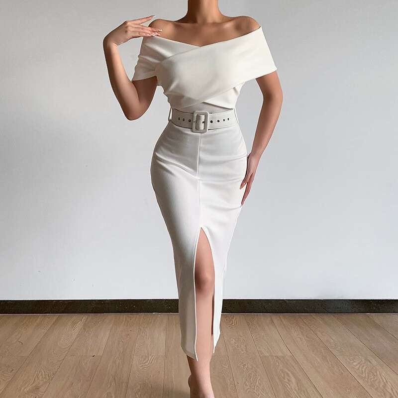 Spring summer elegant temperament commuting simple and light mature new style off shoulder belt slit skirt