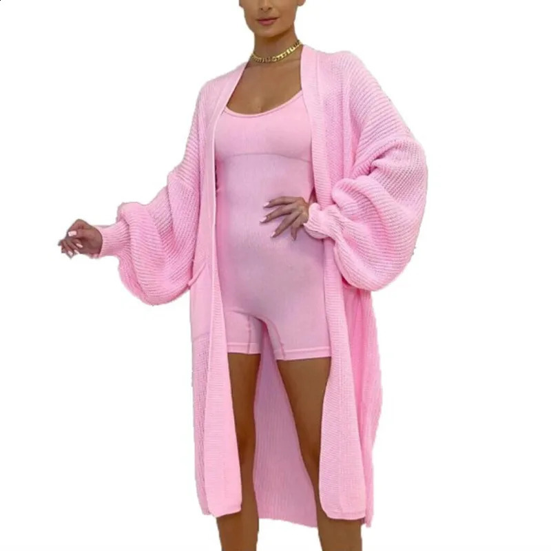 Womens sweater autumnwinter Vneck long sleeved solid color knitted pocket cardigan coat oversized womens clothing 240905