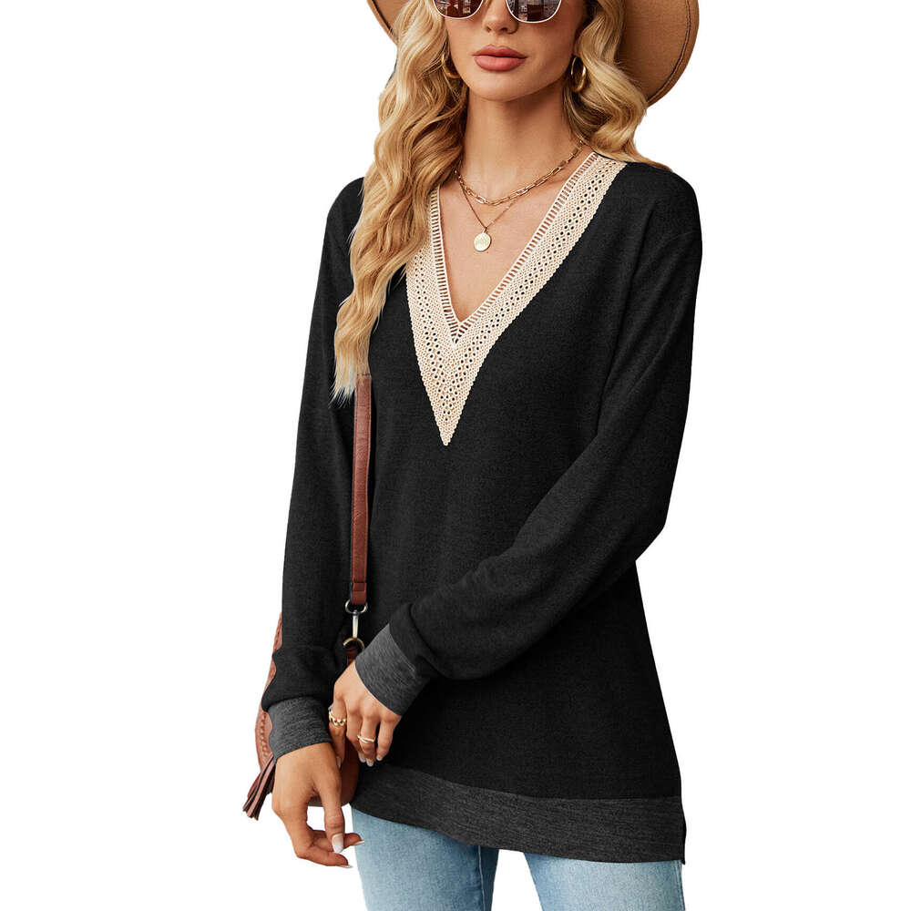 2024 Autumn/Winter Lace V-Neck Contrast Split Loose Sleeve T-shirt Top for Women