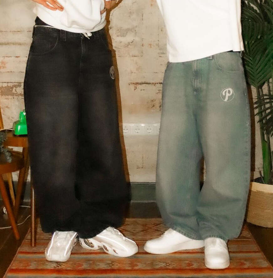Retro casual men clothing black Designer baggy jeans y2k hip hop Haruku embroidery pattern straight wide leg pants versatile streetwear