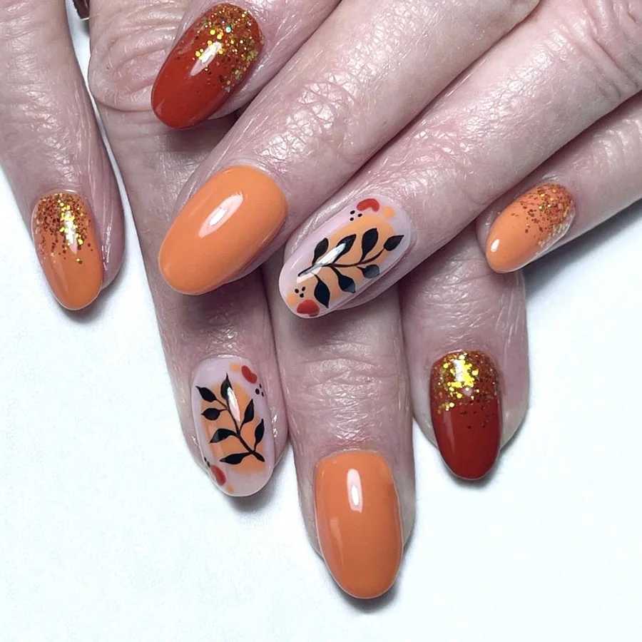 24 Smooth Short Almond Fake Nails - Black Orange Gradient Press on Nails Gold Shining Lines and Leaf Design Fake Nails W240905