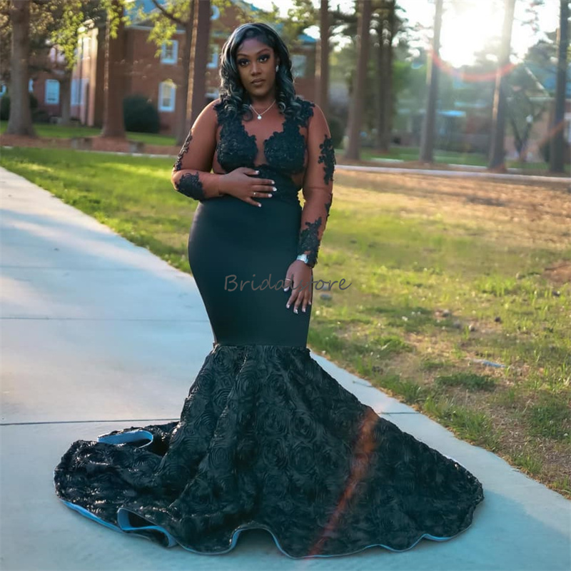 Big Size Black Prom Dresses For Black Girls O Neck Long Sleeve 3d Florals African Evening Dress Nigerian Formal Birthday Party Dress Fishtail Mermaid 
