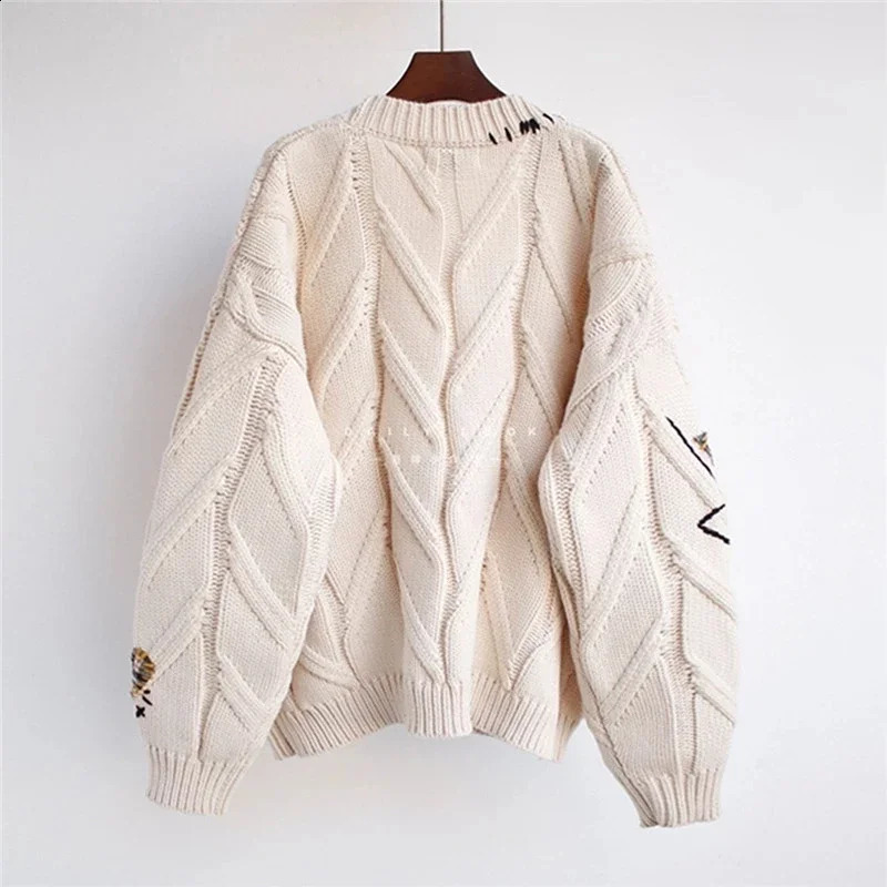 AutumnWinter Womens Open Top Warm Knitted Sweater Jacket Pocket Embroidered Fashion Coat Loose 240905