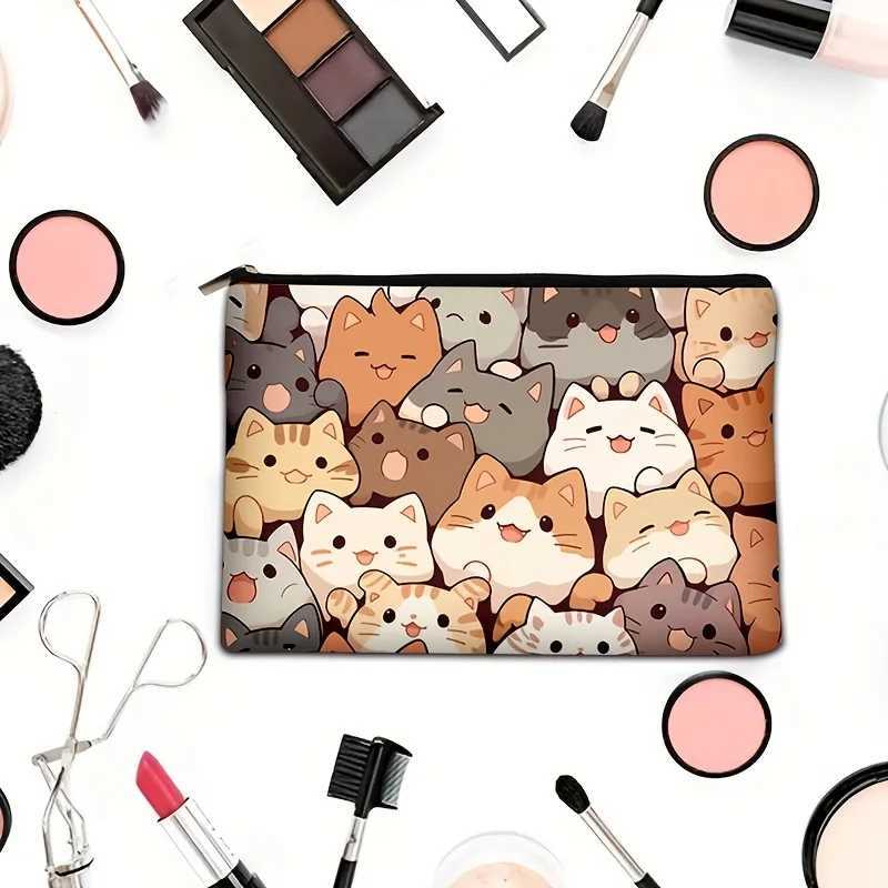 Fashion cartoon cat printed clutch bag portable zipper makeup bag linen fabric travel storage bag W240905