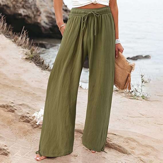 2024 Summer TEMU Women's New Cotton Hemp Wide Leg Drawstring Beach Casual Pants for Women