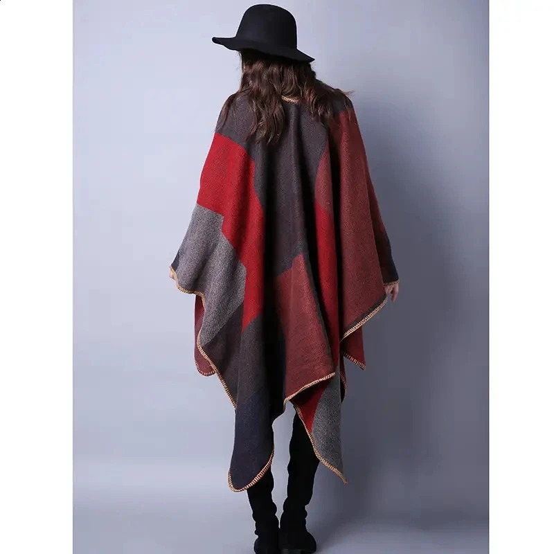 Vintage colored block shawl imitates cashmere warm bag Bohemian large blanket scarf raincoat shawl thick coat outdoor 240906