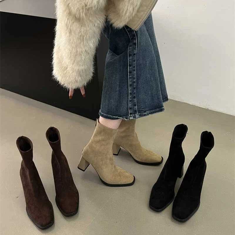 Womens elastic ankle boots are fashionable elegant modern ultra-thin short boots autumn and winter lace back zipper shoes CL240906