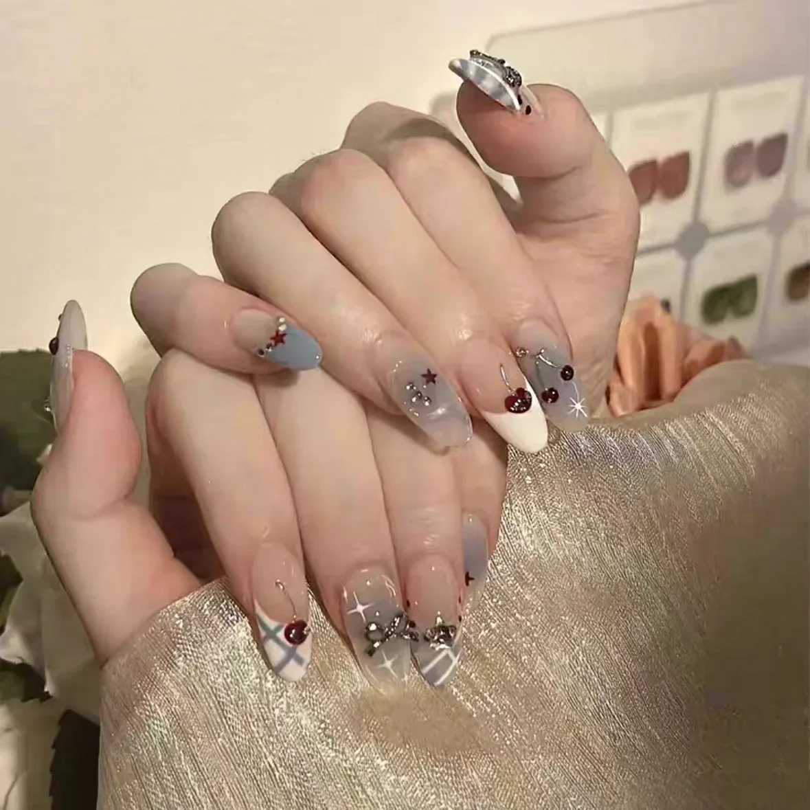 10 piece handmade press French almond fully covered cherry and bow design fake nails cute handmade suitable for women W240905