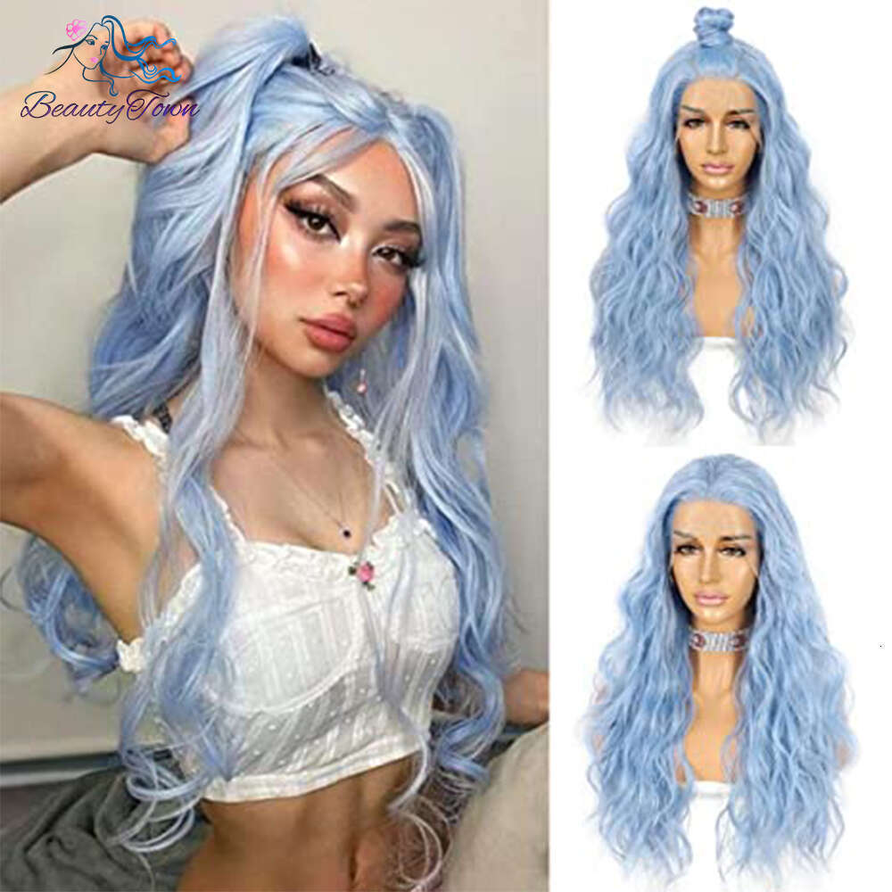 Synthetic Lace Front 613 Blonde Pink Blue Green Purple Yellow Long Curly Halloween For Women Daily Use Party Wig