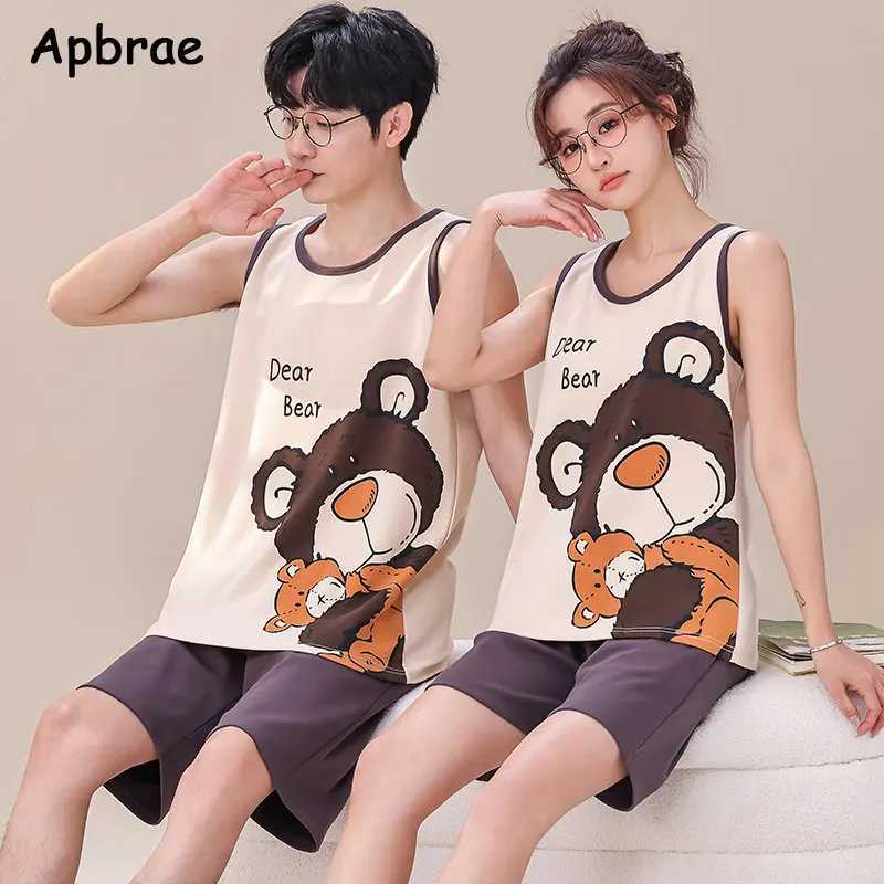 Summer Knitted Cotton Cartoon Panda Print Sleepwear Pajama Sets for Couple Sleeveless Nightwear Young Lovers Pajamas 4XL Pijamas Y240906