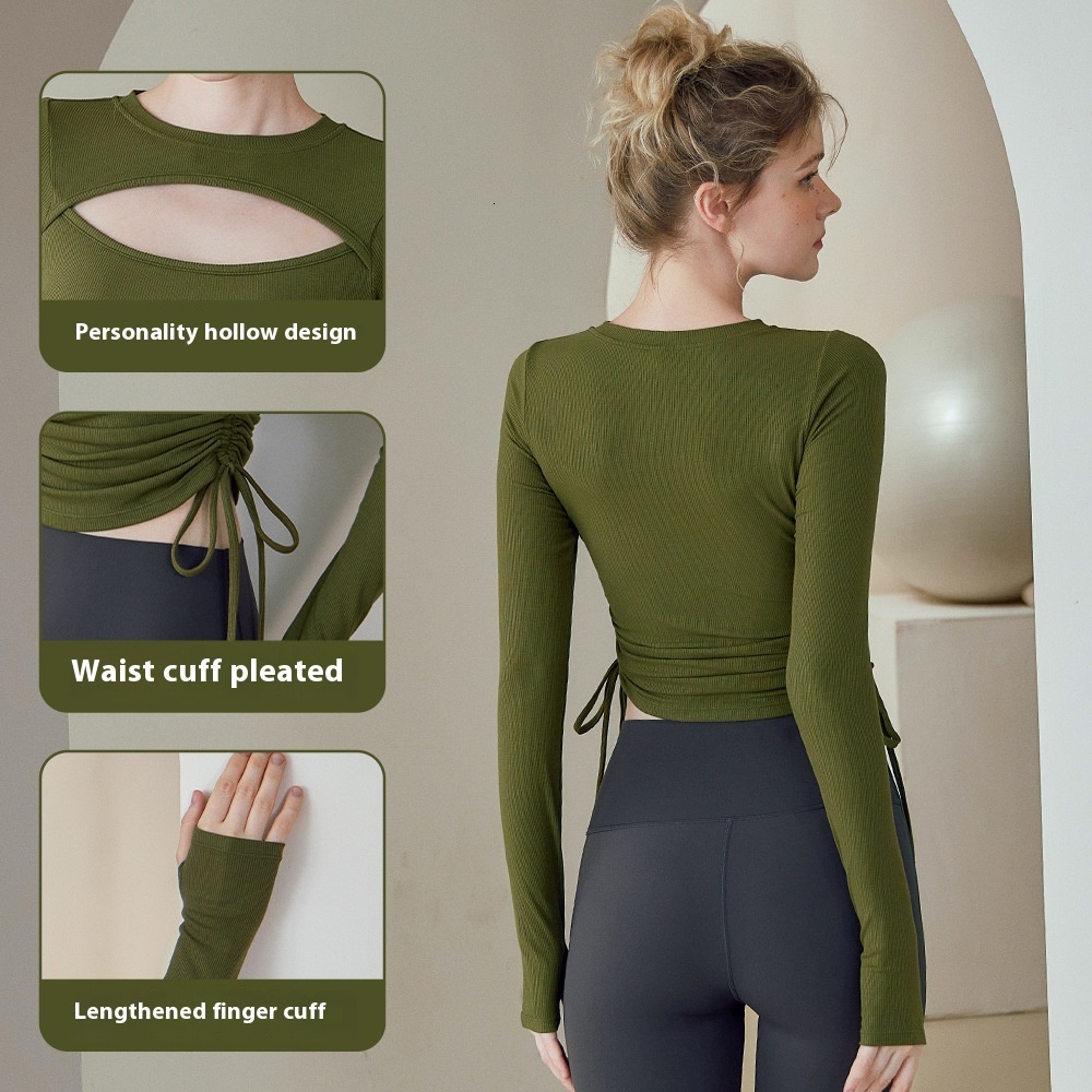 Yoga outfit women's new design sense hollow knitted base shirt, sports breathable drawstring tight long sleeved T-shirt top