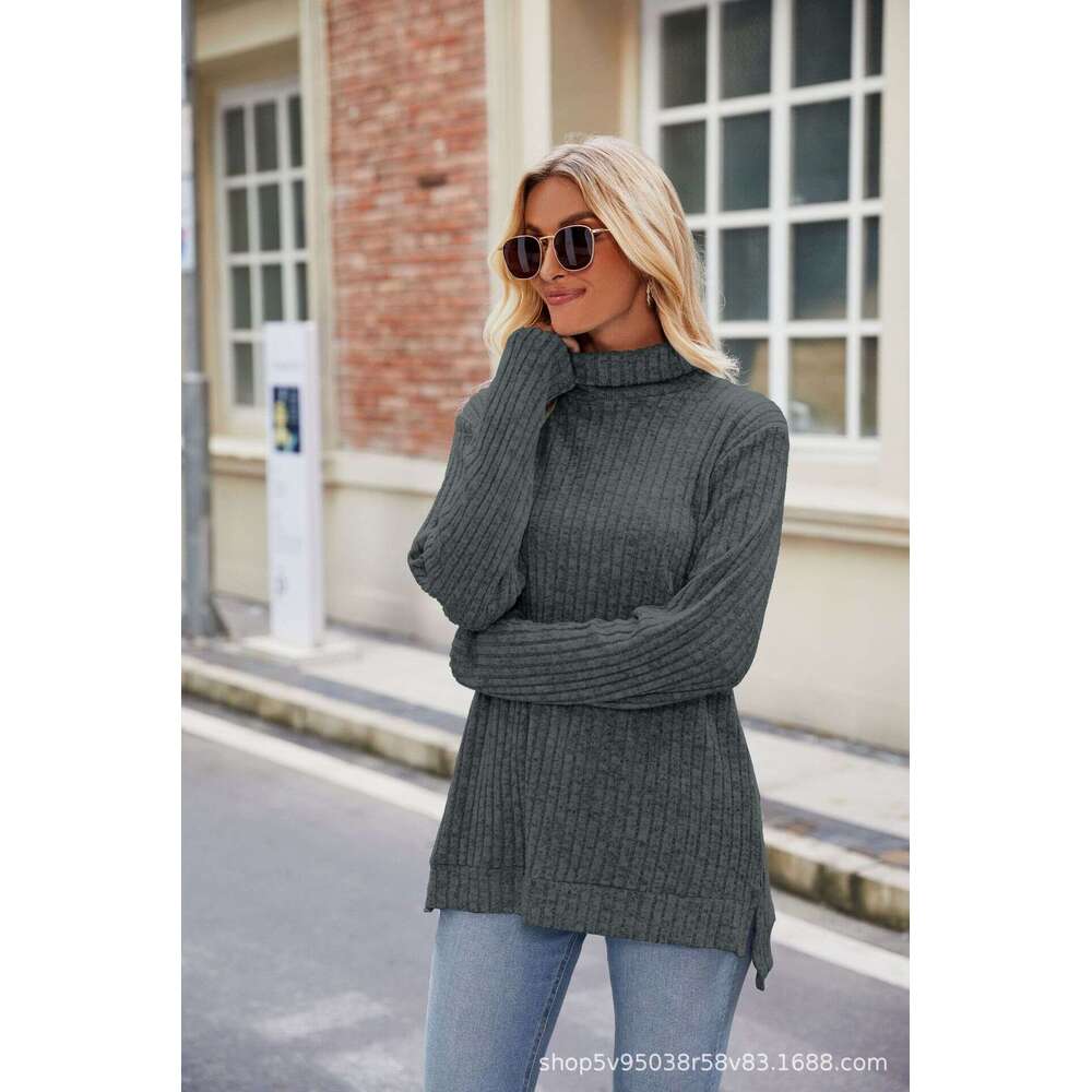 Autumn/Winter New High Neck Loose Long Sleeve Split T-shirt Top for Women